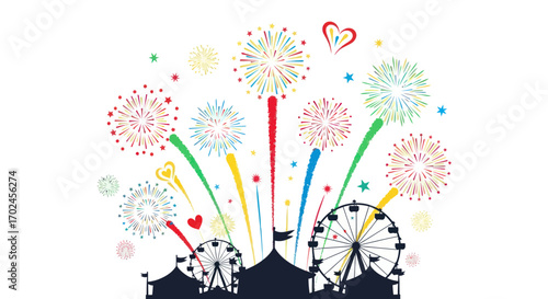 Festive Carnival Scene with Bright Fireworks and Ferris Wheels.