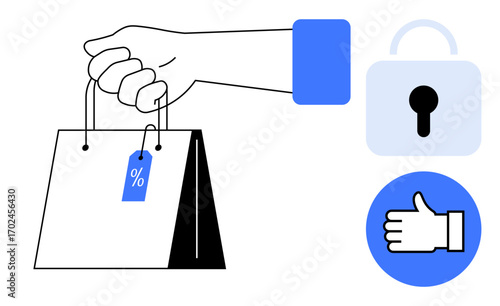 Hand holding a shopping bag marked with a discount tag, a padlock symbolizing security, and a thumbs-up sign. Ideal for e-commerce, online shopping, sales, discounts, security, trust and a simple