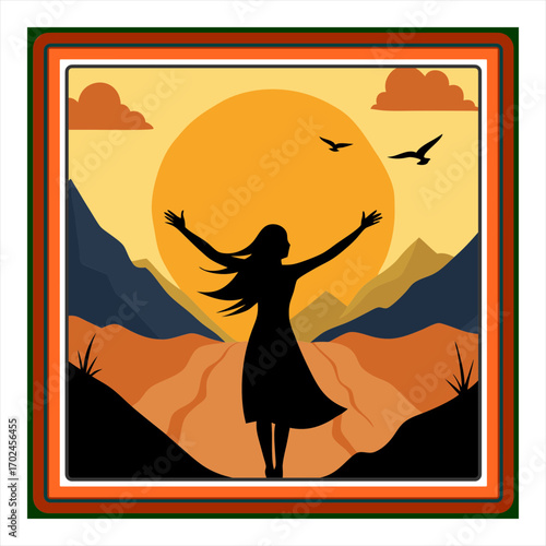 Vector art illustration of a girl on a mountainside arranged in a frame