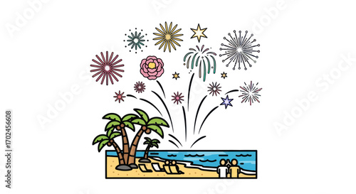 Festive Beach Celebration with Palm Trees and Fireworks Display.