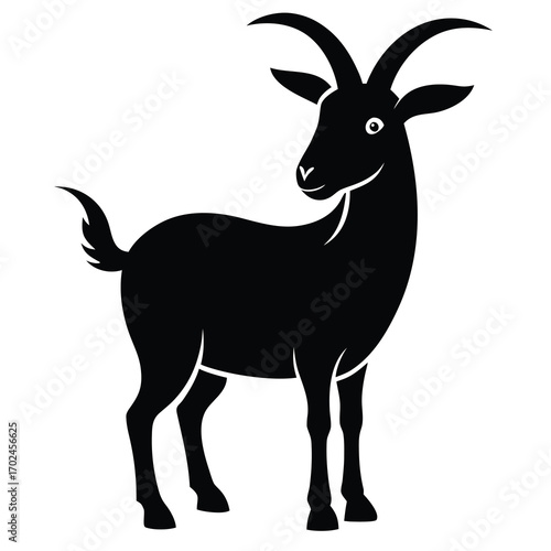 Illustration of a black goat with curved horns isolated on white background