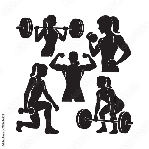 Weightlifting Exercise Silhouette Set Vector in Black Featuring Barbell, Dumbbell, and Flex Poses for Fitness and Gym Themes