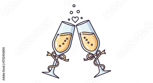 Two champagne flutes clinking with bubbly liquid and ribbons.