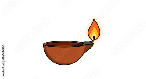 Traditional Clay Diya Lamp with Bright Flame Burning.
