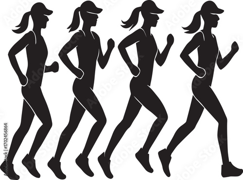 Female Runner Silhouette Sequence Vector in Black Featuring Four Motion Poses for Fitness, Animation, and Sports Themes