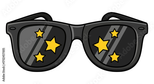 Stylish black sunglasses reflecting bright yellow stars.