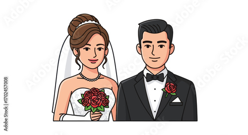 Smiling cartoon bride and groom in wedding attire with red roses.