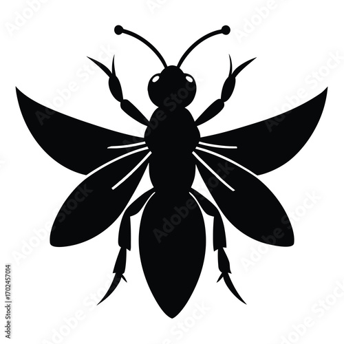 Black silhouette of a wasp with detailed wings isolated on white background