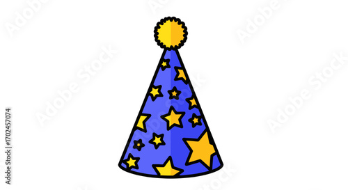 Blue Party Hat with Yellow Stars and Pom-Pom Top.
