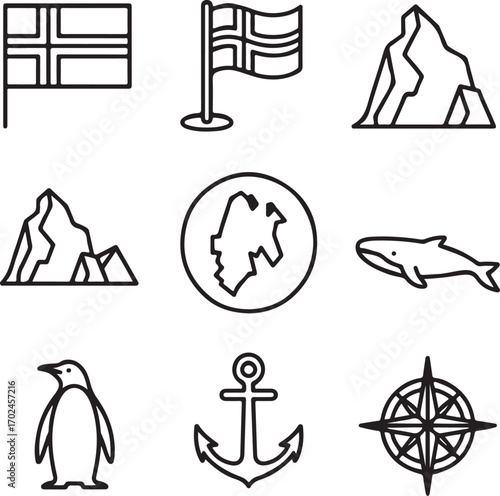 Bouvet Island Flag Variations Vector Line Art Collection with Map, Polar Wildlife, Iceberg, and Nautical Heritage Symbols