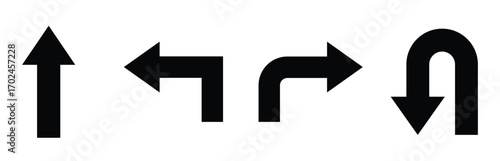 Go Straight This Way One Way Only U Turn Left and Right Black Arrow Sign Direction Icon Set. Vector Image