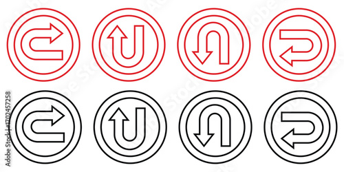 Go Straight, U turn, Right and Left, This Way, One Way, Only U Turn Black Arrow Sign Direction Icon Set. U turn sign vector art. Vector Illustration