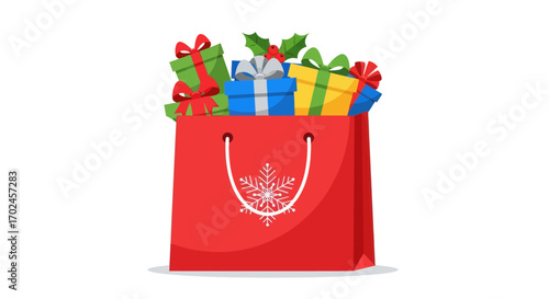 Red shopping bag filled with colorful Christmas gifts and festive holly.