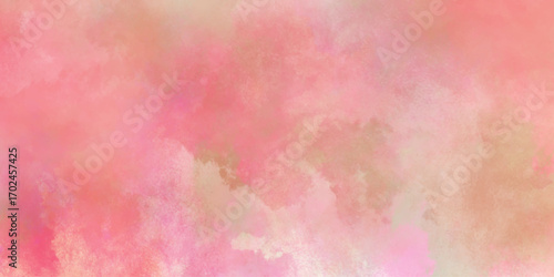 Abstract colorful watercolor drawing on a paper image, with puffy clouds in bright rainbow colors of pink blue yellow orange and purple, fantasy smooth light pink watercolor painted background.