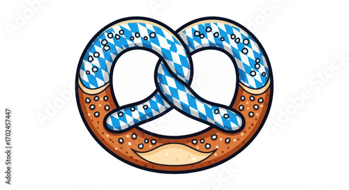 Bavarian Pretzel Illustration with Blue and White Checkered Pattern and Salt.
