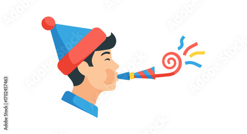 Man blowing party horn wearing a blue party hat with red trim.