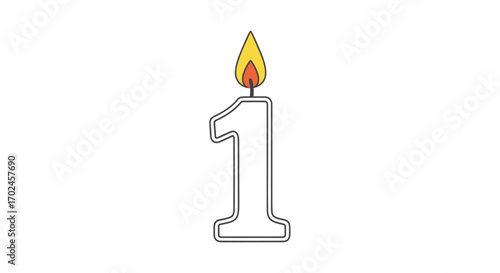 A lit white birthday candle shaped like the number one for a first celebration.