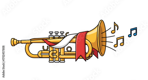 Golden Trumpet with Red Ribbon and Musical Notes.