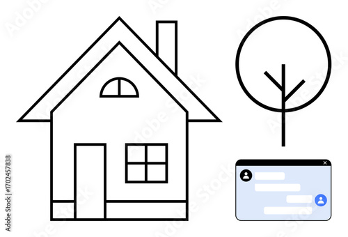 House with chimney, simple tree outline, and chat window with messages. Ideal for real estate, home services, sustainable living, minimalism, technology, communication simple landing page