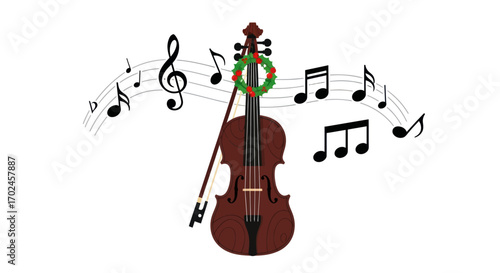 Elegant Brown Violin with Bow and Musical Notes Decoration.