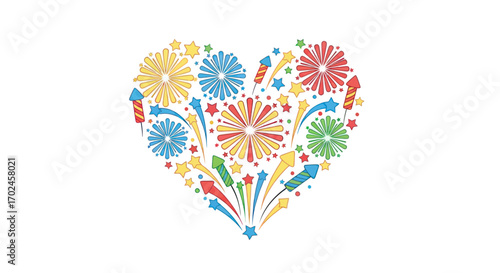 Colorful Fireworks Arranged in a Heart Shape.