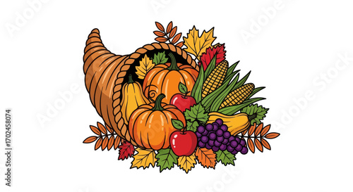 Colorful Cornucopia Filled with Autumn Harvest Fruits and Vegetables.