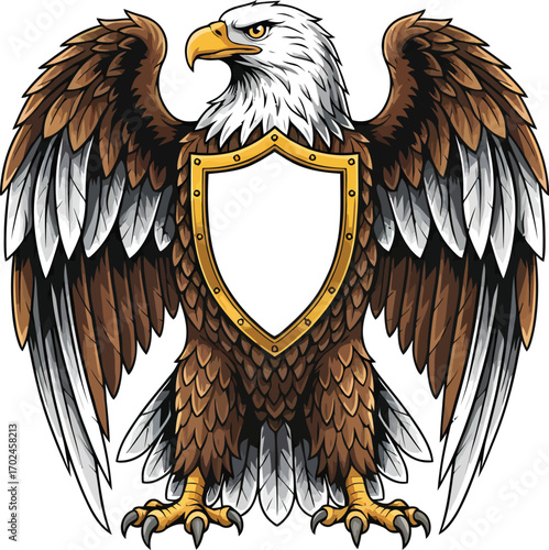 Vector, illustration, eagle with a shield in the middle for poster, logo, printing