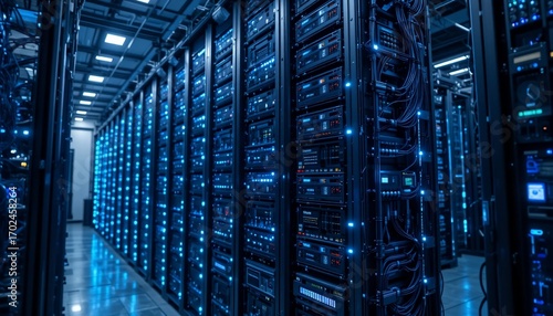 Rows of illuminated data servers in a modern server room Blue lights highlight the network equipment