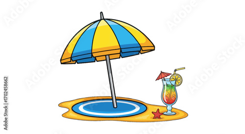 Colorful Beach Umbrella and Tropical Drink Illustration.