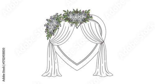 Heart-Shaped Wedding Arch with Draped Fabric and Floral Decoration.