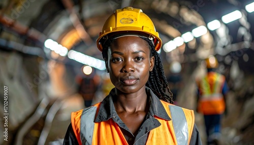 A determined construction worker in a tunnel looks directly at the camera, wearing a yellow helmet and orange safety vest. Background blurred