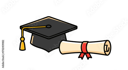 Cartoon Graduation Cap and Rolled Diploma Illustration.
