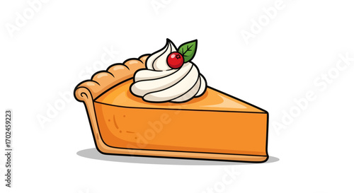 Cartoon Slice of Pumpkin Pie with Whipped Cream Cherry and Mint Leaf.