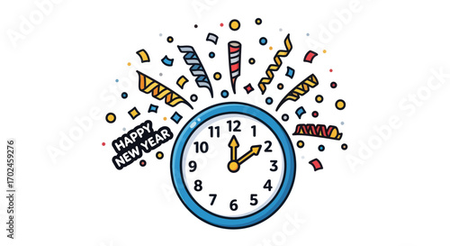 Colorful New Years Clock with Fireworks and Confetti.