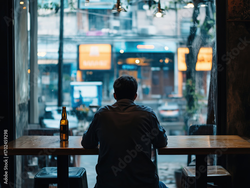 Lonely sad white young man sitting in cafe pub at a table looking by the window alone with a bottle of beer on a table. Back view