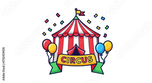 Festive Red and White Striped Circus Tent with Balloons and Banner.