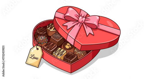 Open Red Heart-Shaped Box of Chocolates with Pink Ribbon and Love Tag.