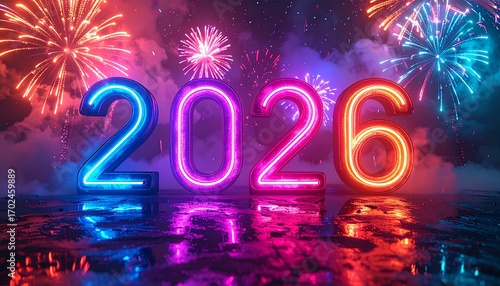 Happy new year celebration illustration with neon light sign and glowing numbers 2026 on black night background with fireworks