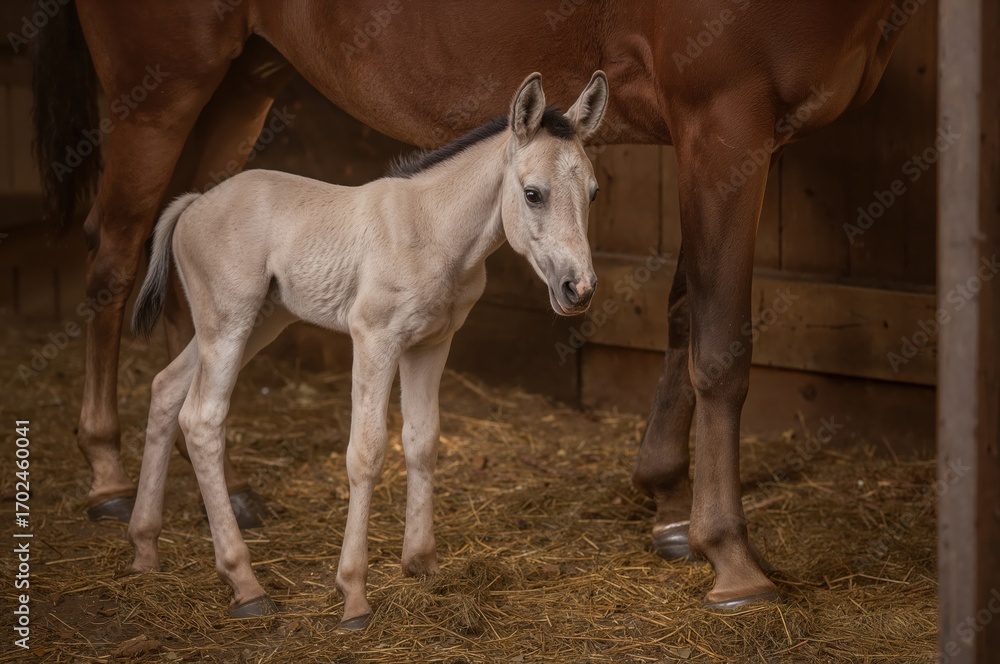 Fototapeta premium Newborn foal stands near mother mare in warmly lit rustic stable