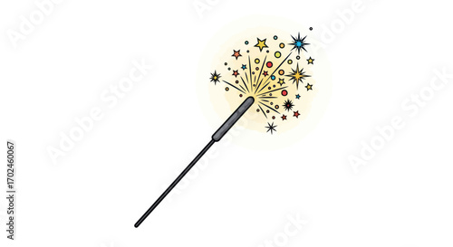 A lit sparkler with a burst of golden stars and light.