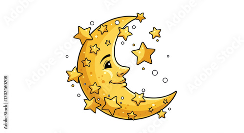 Whimsical Crescent Moon with Smiling Face and Sparkling Stars.