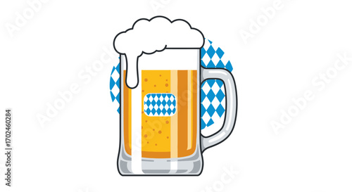 Oktoberfest Beer Mug with Frothy Head and Bavarian Pattern.