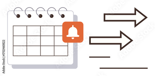 Page-style calendar with reminder bell icon and forward arrows representing scheduling, reminders, notifications, and task progress. Ideal for planning, productivity, time management, deadlines