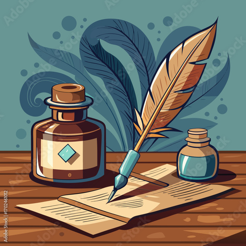 Charming Vector Illustration of Calligraphy Tools – Ink Pen, Brush, and Ink Bottle for Creative Design