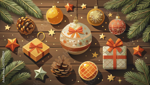Golden ornament balls, wrapped gifts, and sweet cookies decorate a festive Christmas tree