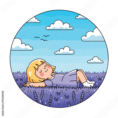 Cute cartoon girl with blonde hair happily relaxing and enjoying a peaceful moment, lying down in