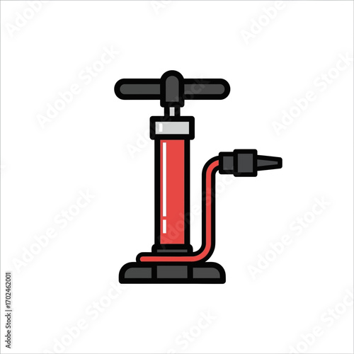 Red inflator pumps air near white backdrop drawing
