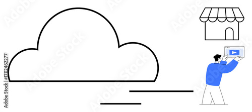 Large cloud element, a storefront icon, and a person holding a tablet with a video. Ideal for cloud storage, ecommerce, digital business, streaming, marketing, data simple landing page