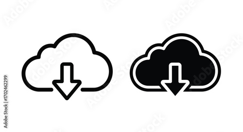 Vector illustration of cloud download icon in outline and solid black versions