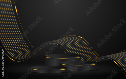 Multi-layered black podium with elegant gold wave lines on the back for product presentation. Display of cosmetic products. Stage or podium. vector illustration	
